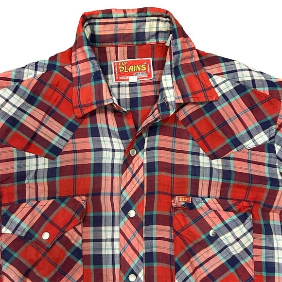 Vtg Ely Plains Men's Vintage western Plaid Snap Button-Up Shirt Red Size 15.5 - Picture 3 of 6